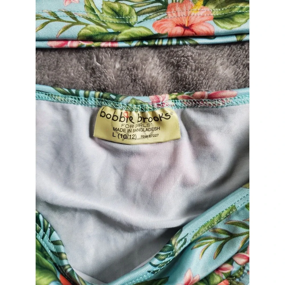 Bobbie Brooks Girls 2 piece Tropical Swim Suit Shirt Briefs L 10 12 Green Mint